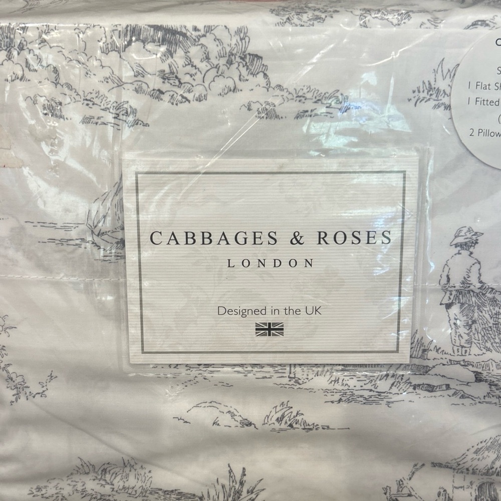Cabbages and Roses California King Sheet Set Country Toile Slate Gray
